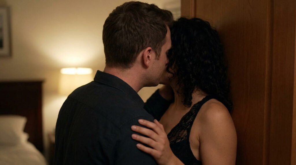 feeling the dominance of my new bull as my cuckold listens outside the bedroom dor